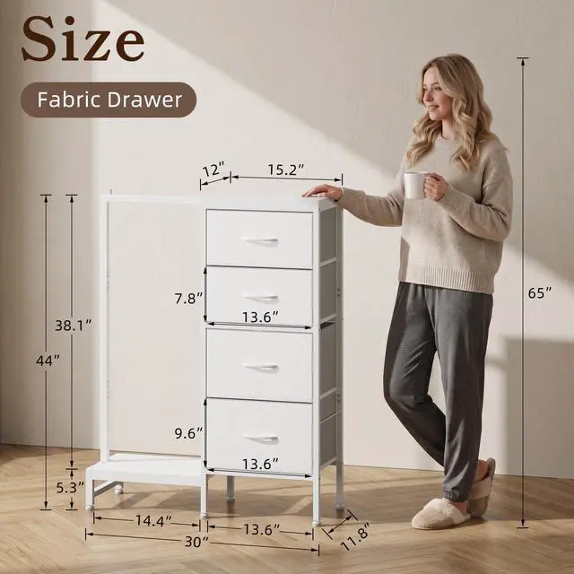 Alt view image 5 of 7 - Tall Dresser 44''H with Hanging Rack, 4 Drawers Small Closet Dresser for Bedroom, Reversible Fabric Chest of Drawers with Clothes Rack, Tall Storage Tower, Sturdy Frame, White