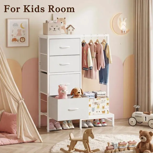 Alt view image 6 of 7 - Tall Dresser 44''H with Hanging Rack, 4 Drawers Small Closet Dresser for Bedroom, Reversible Fabric Chest of Drawers with Clothes Rack, Tall Storage Tower, Sturdy Frame, White