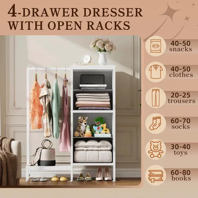 Alt view image 4 of 7 - Tall Dresser 44''H with Hanging Rack, 4 Drawers Small Closet Dresser for Bedroom, Reversible Fabric Chest of Drawers with Clothes Rack, Tall Storage Tower, Sturdy Frame, White