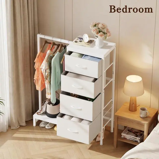 Alt view image 7 of 7 - Tall Dresser 44''H with Hanging Rack, 4 Drawers Small Closet Dresser for Bedroom, Reversible Fabric Chest of Drawers with Clothes Rack, Tall Storage Tower, Sturdy Frame, White