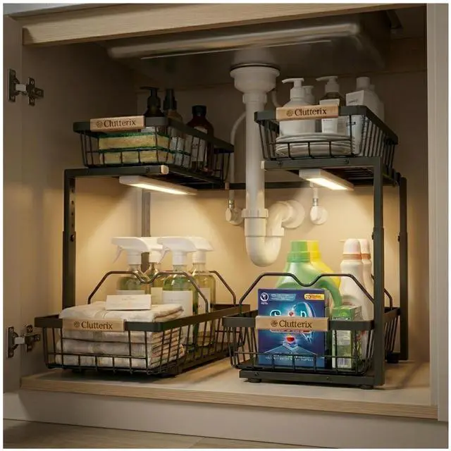 Main image of Under Sink Organizer with Motion-Activated LED Lights, 2 Pack, 2 Tier Sliding L-Shaped Carbon Steel Rack with Adjustable Height, Dividers & Hooks (Black)