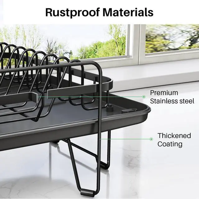 Alt view image 7 of 7 - Dish Drying Rack - Large Dish Racks for Kitchen Counter, Expandable Dish Drainers with Cutlery Holder Stainless Steel Rustproof, Black