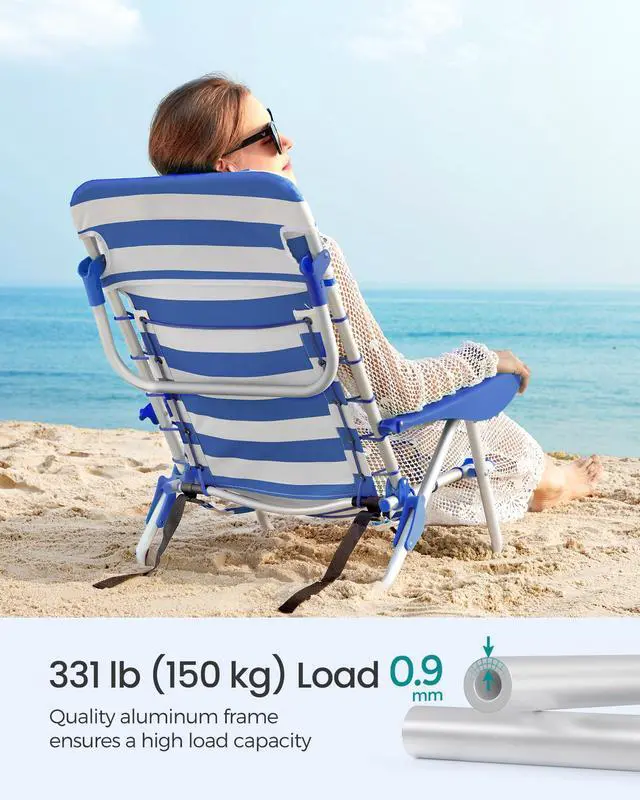 Alt view image 7 of 7 - Portable Backpack Beach Chair, 331 lb Capacity, 4 Angles Adjustable Backrest, 2 Side Pockets, Towel Bar, Blue and White UGCB62BU