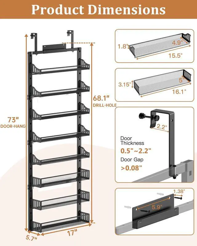 Alt view image 6 of 6 - 8-Tier Over the Door Pantry Organizer, Large Metal Door Spice Rack with Adjustable Basket, 2 in 1 Wall Mount or Hanging Heavy-Duty Pantry Door Storage Shelf for Kitchen and Bathroom, Black