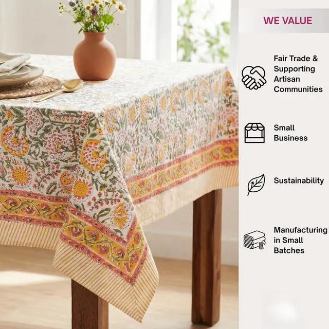 Alt view image 3 of 5 - Clover Yellow 100% Cotton Rectangle Fall Tablecloth, Handblock Floral Print Linen Table Cloth for Kitchen Dining I Parties, Weddings, Outdoors, Christmas, Thanksgiving Decor 60 X 108 Inches