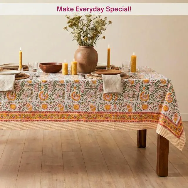 Alt view image 4 of 5 - Clover Yellow 100% Cotton Rectangle Fall Tablecloth, Handblock Floral Print Linen Table Cloth for Kitchen Dining I Parties, Weddings, Outdoors, Christmas, Thanksgiving Decor 60 X 108 Inches