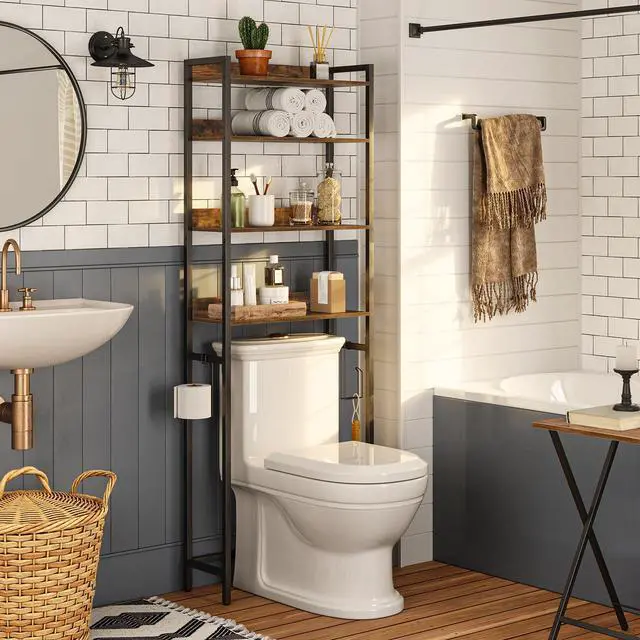 Main image of Over The Toilet Storage Rack, 4 Tier Bathroom Organizer Over Toilet, Freestanding Space Saver Toilet Stand with 2 Hooks, Bathroom Storage Shelf, Easy to Assemble, Rustic Brown TSHR0401Z