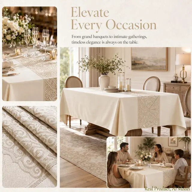 Alt view image 2 of 7 - Rectangle Linen Tablecloth Luxury Totem Spillproof Cloth 55x134 Inch