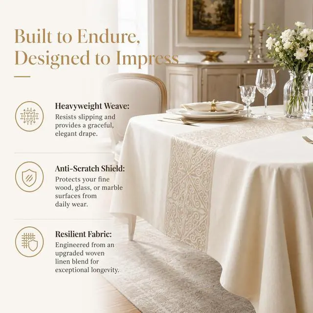 Alt view image 4 of 7 - Rectangle Linen Tablecloth Luxury Totem Spillproof Cloth 55x134 Inch