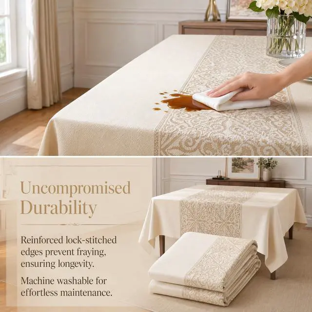Alt view image 6 of 7 - Rectangle Linen Tablecloth Luxury Totem Spillproof Cloth 55x134 Inch
