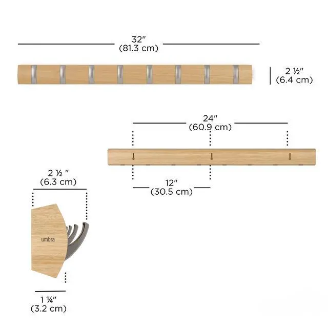 Alt view image 3 of 7 - Flip Wall-Mounted Coat Rack with 8 Hooks Modern, Space-Saving Storage for Hats, Jackets, Bags, Entryway, Mudroom, Closet, Bathroom, Bedroom Natural/Nickel