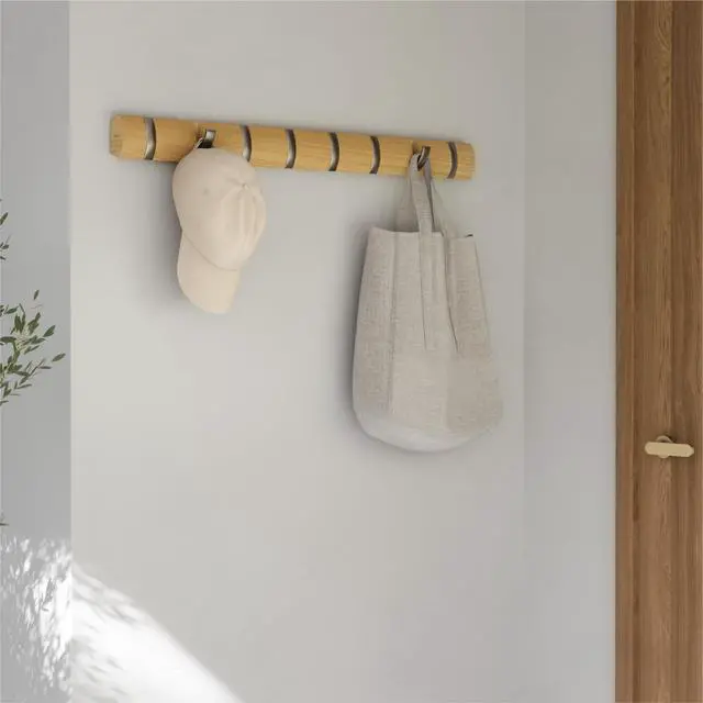 Alt view image 2 of 7 - Flip Wall-Mounted Coat Rack with 8 Hooks Modern, Space-Saving Storage for Hats, Jackets, Bags, Entryway, Mudroom, Closet, Bathroom, Bedroom Natural/Nickel