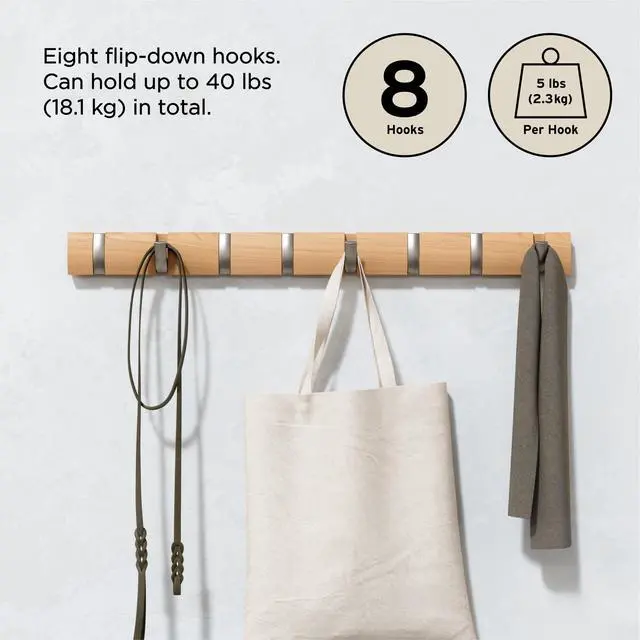Alt view image 5 of 7 - Flip Wall-Mounted Coat Rack with 8 Hooks Modern, Space-Saving Storage for Hats, Jackets, Bags, Entryway, Mudroom, Closet, Bathroom, Bedroom Natural/Nickel