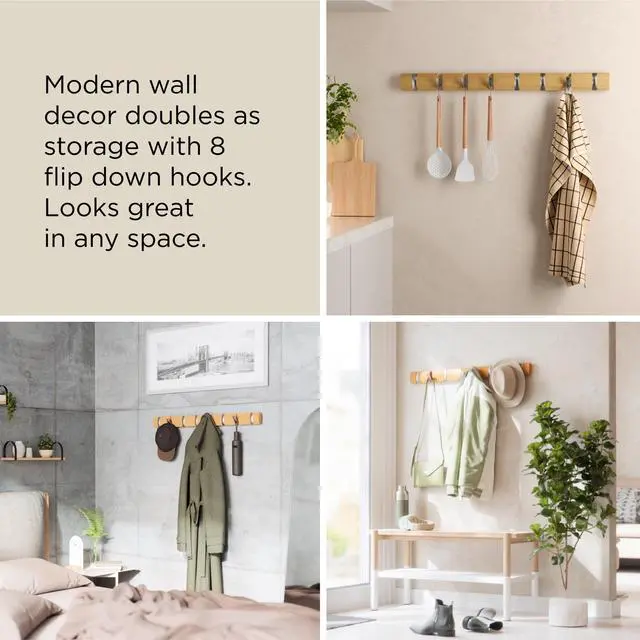 Alt view image 4 of 7 - Flip Wall-Mounted Coat Rack with 8 Hooks Modern, Space-Saving Storage for Hats, Jackets, Bags, Entryway, Mudroom, Closet, Bathroom, Bedroom Natural/Nickel