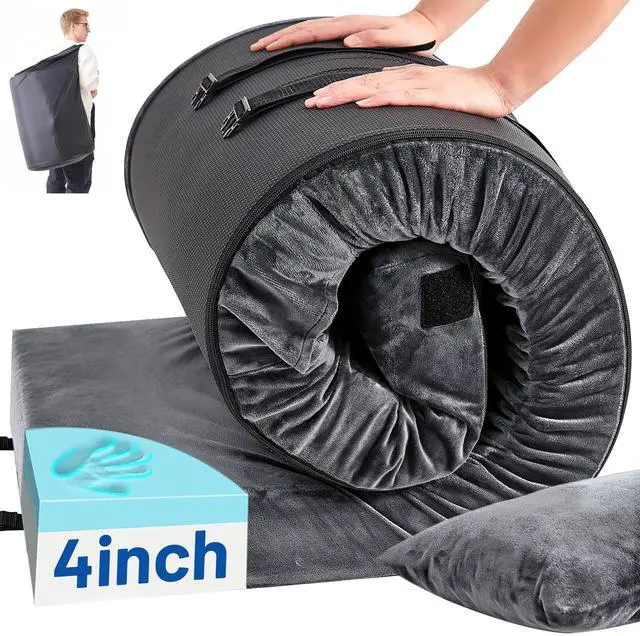 Main image of Memory Foam Camping Mattress Pad with Pillow - Extra Thick 4 Inch Sleeping Pad for Camping, Waterproof Roll Up Cot Mattress Topper Camp Sleep Mat for Guest Bed Car Truck Tent, Bag, Dark Gray