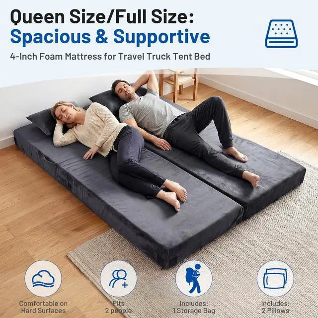 Alt view image 4 of 7 - Memory Foam Camping Mattress Pad with Pillow - Extra Thick 4 Inch Sleeping Pad for Camping, Waterproof Roll Up Cot Mattress Topper Camp Sleep Mat for Guest Bed Car Truck Tent, Bag, Dark Gray