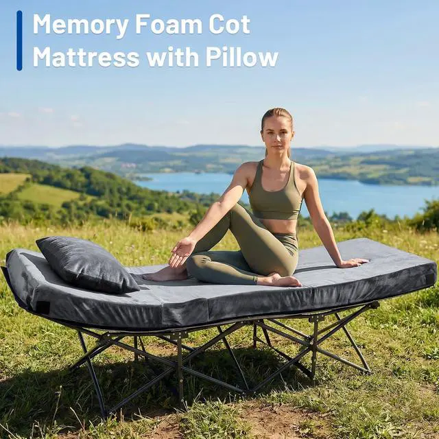 Alt view image 5 of 7 - Memory Foam Camping Mattress Pad with Pillow - Extra Thick 4 Inch Sleeping Pad for Camping, Waterproof Roll Up Cot Mattress Topper Camp Sleep Mat for Guest Bed Car Truck Tent, Bag, Dark Gray