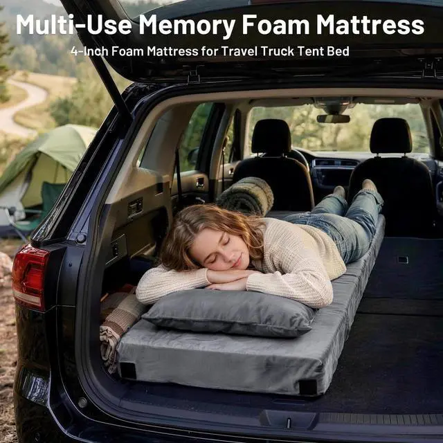 Alt view image 6 of 7 - Memory Foam Camping Mattress Pad with Pillow - Extra Thick 4 Inch Sleeping Pad for Camping, Waterproof Roll Up Cot Mattress Topper Camp Sleep Mat for Guest Bed Car Truck Tent, Bag, Dark Gray