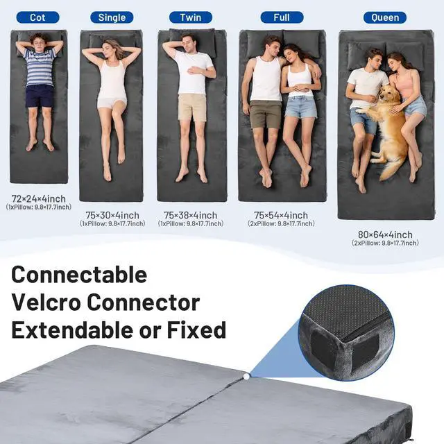 Alt view image 7 of 7 - Memory Foam Camping Mattress Pad with Pillow - Extra Thick 4 Inch Sleeping Pad for Camping, Waterproof Roll Up Cot Mattress Topper Camp Sleep Mat for Guest Bed Car Truck Tent, Bag, Dark Gray