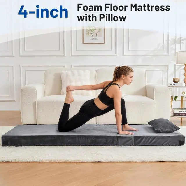 Alt view image 2 of 7 - Memory Foam Camping Mattress Pad with Pillow - Extra Thick 4 Inch Sleeping Pad for Camping, Waterproof Roll Up Cot Mattress Topper Camp Sleep Mat for Guest Bed Car Truck Tent, Bag, Dark Gray