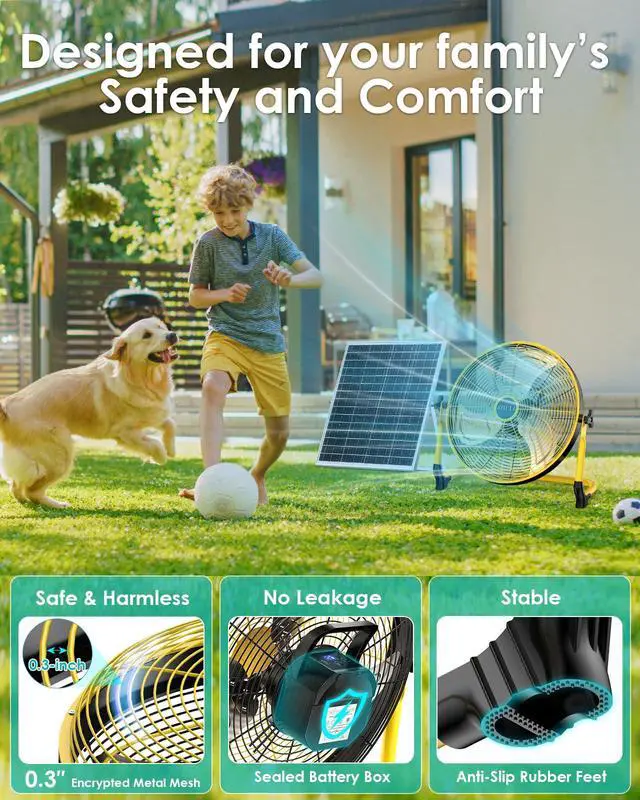Alt view image 2 of 7 - 18" Solar Fan, Portable Battery Operated Floor Fan, Rechargeable Cordless Camping Fan, 40W Solar Panel, Hi-Velocity Brushless Motor, Metal blade, USB Phone Charge, 8~60H Runtime, Quiet, Wireless