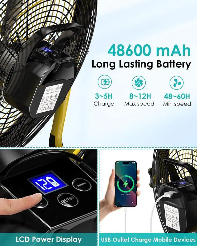 Alt view image 3 of 7 - 18" Solar Fan, Portable Battery Operated Floor Fan, Rechargeable Cordless Camping Fan, 40W Solar Panel, Hi-Velocity Brushless Motor, Metal blade, USB Phone Charge, 8~60H Runtime, Quiet, Wireless