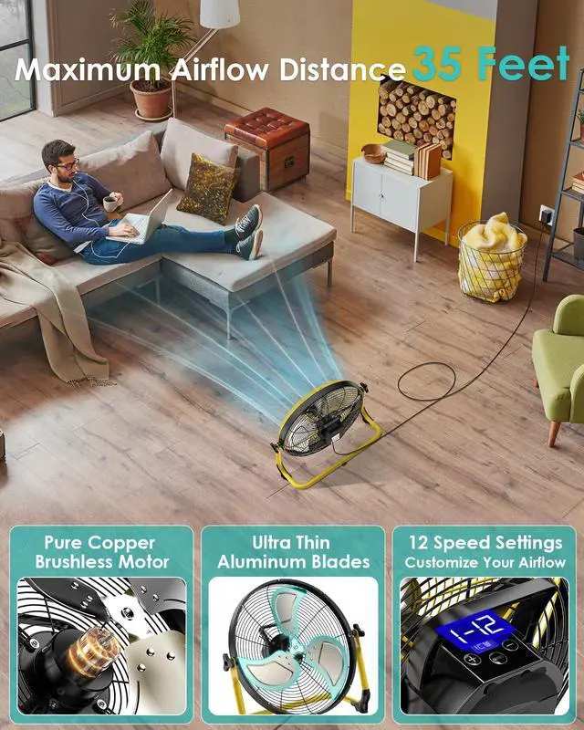 Alt view image 4 of 7 - 18" Solar Fan, Portable Battery Operated Floor Fan, Rechargeable Cordless Camping Fan, 40W Solar Panel, Hi-Velocity Brushless Motor, Metal blade, USB Phone Charge, 8~60H Runtime, Quiet, Wireless
