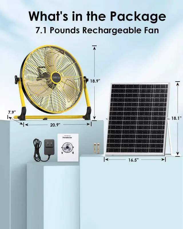 Alt view image 7 of 7 - 18" Solar Fan, Portable Battery Operated Floor Fan, Rechargeable Cordless Camping Fan, 40W Solar Panel, Hi-Velocity Brushless Motor, Metal blade, USB Phone Charge, 8~60H Runtime, Quiet, Wireless
