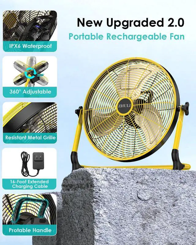 Alt view image 6 of 7 - 18" Solar Fan, Portable Battery Operated Floor Fan, Rechargeable Cordless Camping Fan, 40W Solar Panel, Hi-Velocity Brushless Motor, Metal blade, USB Phone Charge, 8~60H Runtime, Quiet, Wireless