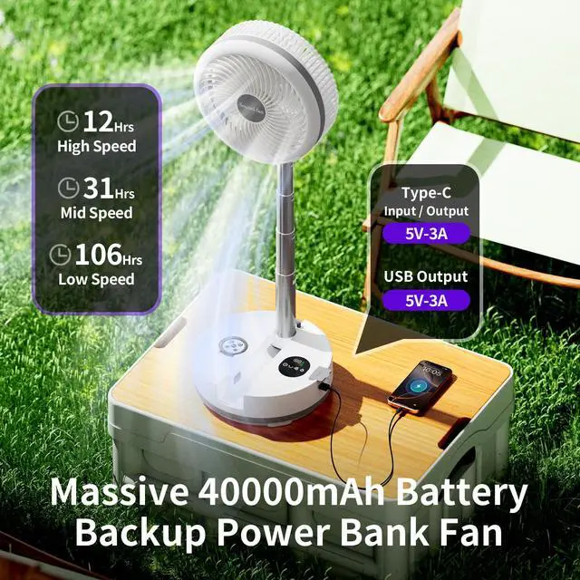 Alt view image 3 of 7 - Socool 40000mAh Portable Fan Foldable Battery Rechargeable with 8 Speed & 106H, 90° Osciliating Floor Standing Fan Remote, Desk Fan with 8H Timer & LED Light for Home Outdoor Travel Camping