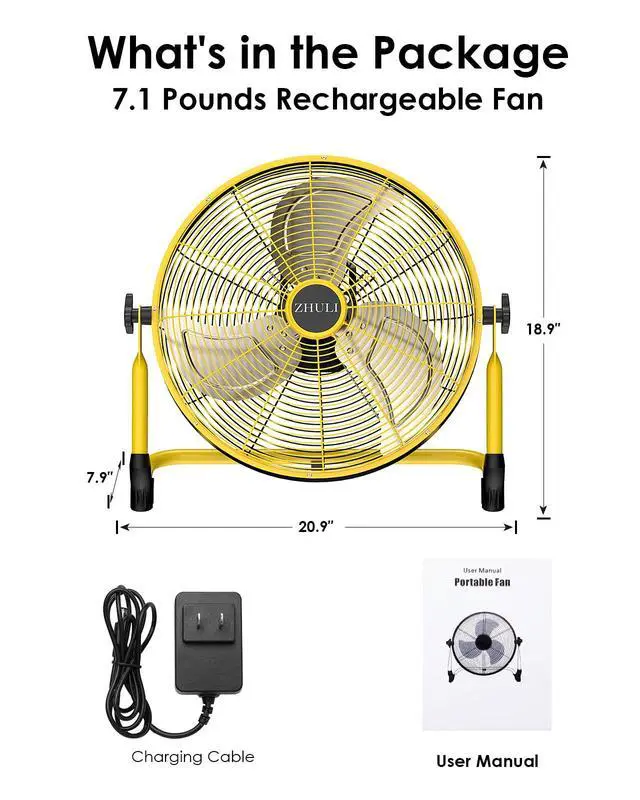 Alt view image 7 of 7 - 18" Portable Battery Operated Floor Fan, Rechargeable Cordless Camping Fan, Hi-Velocity Brushless Motor, Metal blade, USB Phone Charge, 8~60H Runtime, Quiet, Wireless, For Outdoor Home Workshop