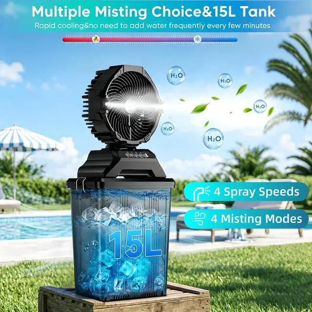 Alt view image 2 of 7 - Portable Misting Fan for Outside, 70Hrs Camping Mister Fan,15L Cooling Fan with Remote, Ice Fan with 4 Spray Speeds,4 Misting Modes,3 Light Modes for Garden/Camping/Party/Fishing