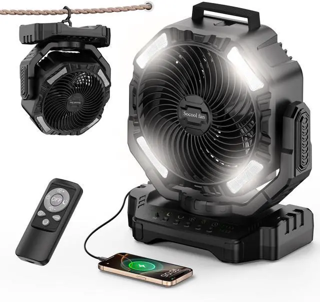 Main image of Socool 40000mAh Camping Fan Rechargeable, Battery Operated Portable Outdoor Fan Remote, 136Hrs & 4-Speed Cordless Oscillating, Table Fan with Light & Timer for Tent RV Jobsite Hurricane Power Outage