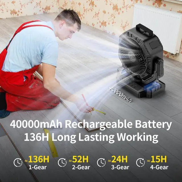 Alt view image 2 of 7 - Socool 40000mAh Camping Fan Rechargeable, Battery Operated Portable Outdoor Fan Remote, 136Hrs & 4-Speed Cordless Oscillating, Table Fan with Light & Timer for Tent RV Jobsite Hurricane Power Outage