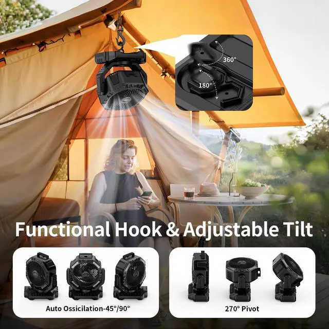 Alt view image 4 of 7 - Socool 40000mAh Camping Fan Rechargeable, Battery Operated Portable Outdoor Fan Remote, 136Hrs & 4-Speed Cordless Oscillating, Table Fan with Light & Timer for Tent RV Jobsite Hurricane Power Outage