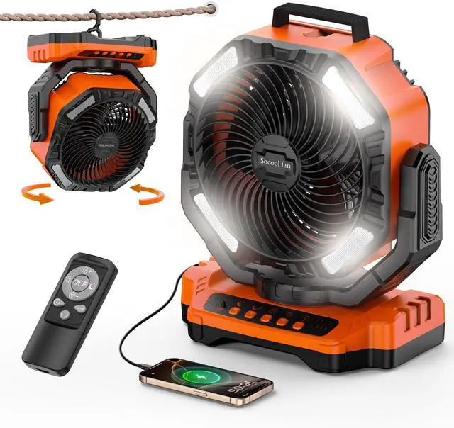 Main image of Socool 40000mAh Camping Fan Rechargeable, Battery Operated Portable Outdoor Fan Remote, 136Hrs & 4-Speed Cordless Oscillating, Table Fan with Light & Timer for Tent RV Jobsite Hurricane Power Outage
