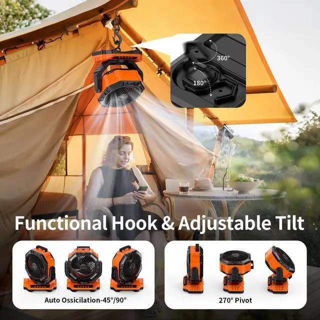 Alt view image 4 of 7 - Socool 40000mAh Camping Fan Rechargeable, Battery Operated Portable Outdoor Fan Remote, 136Hrs & 4-Speed Cordless Oscillating, Table Fan with Light & Timer for Tent RV Jobsite Hurricane Power Outage