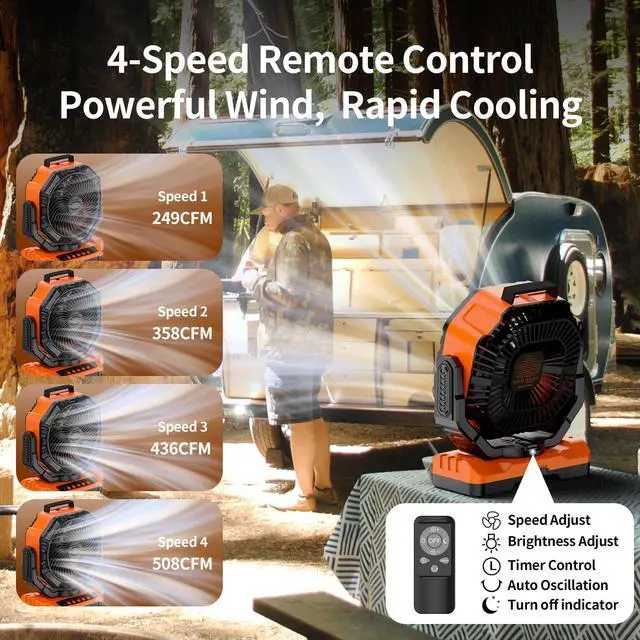 Alt view image 3 of 7 - Socool 40000mAh Camping Fan Rechargeable, Battery Operated Portable Outdoor Fan Remote, 136Hrs & 4-Speed Cordless Oscillating, Table Fan with Light & Timer for Tent RV Jobsite Hurricane Power Outage