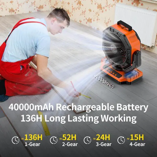 Alt view image 2 of 7 - Socool 40000mAh Camping Fan Rechargeable, Battery Operated Portable Outdoor Fan Remote, 136Hrs & 4-Speed Cordless Oscillating, Table Fan with Light & Timer for Tent RV Jobsite Hurricane Power Outage