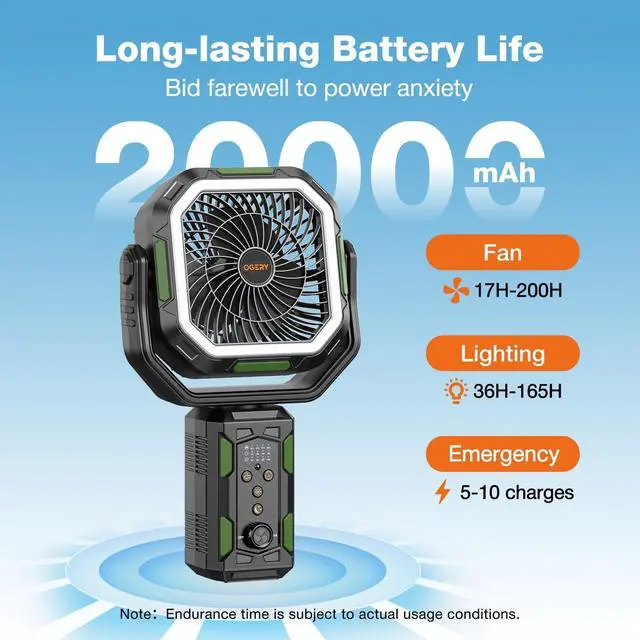 Alt view image 2 of 6 - F21 Camping Fan with Stand, 20000mAh Rechargeable Battery Powered Standing Fan, LED Lanterns for Power Outages, Strong Wind, Fast Charging for Tent, Travel, Bedroom, Camping Essentials