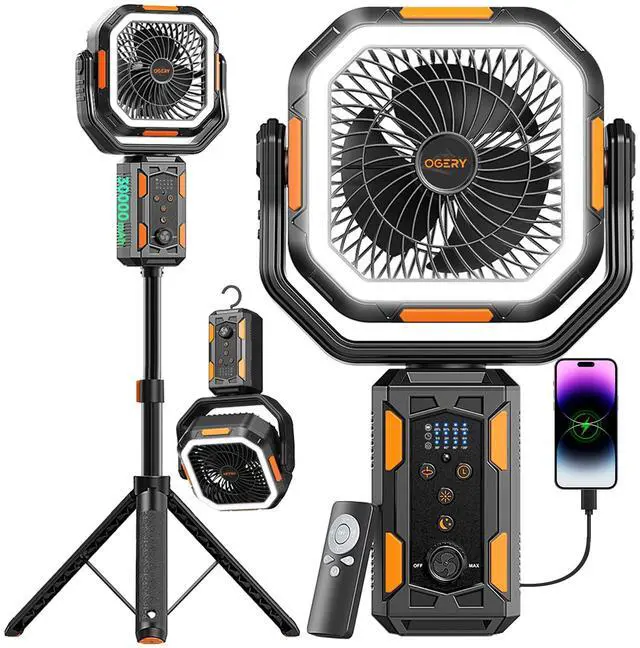 Main image of Portable Camping Fan with Adjustable Height Stand, 30000mAh Battery Powered Fan with Remote, LED Light, Auto Oscillation for Tent, RV, Bedroom, Travel Floor & Desk Fan