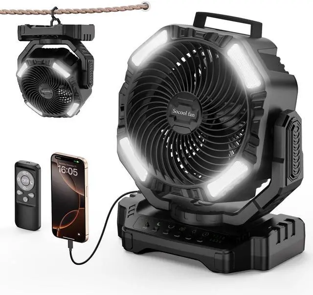 Main image of Socool 40000mAh Camping Fan Rechargeable, Battery Operated Portable Outdoor Fan Remote, 136Hrs & 4-Speed Cordless Oscillating, Table Fan with Light & Timer for Tent RV Jobsite Hurricane Power Outage