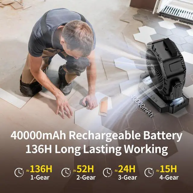 Alt view image 3 of 7 - Socool 40000mAh Camping Fan Rechargeable, Battery Operated Portable Outdoor Fan Remote, 136Hrs & 4-Speed Cordless Oscillating, Table Fan with Light & Timer for Tent RV Jobsite Hurricane Power Outage