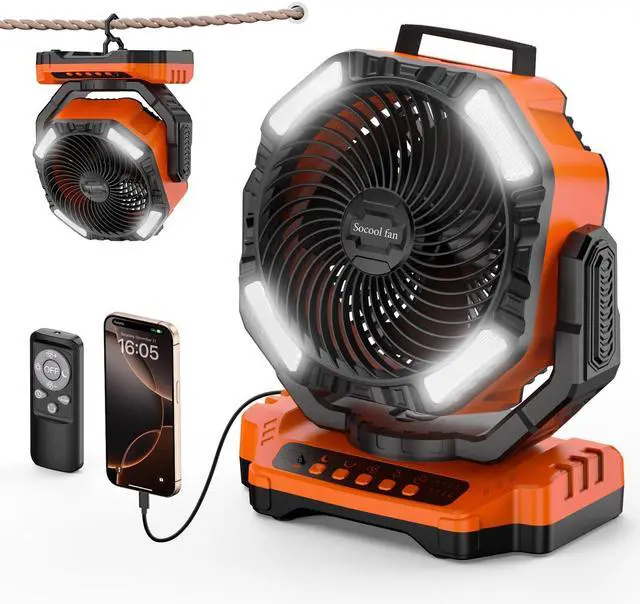 Main image of Socool 40000mAh Camping Fan Rechargeable, Battery Operated Portable Outdoor Fan Remote, 136Hrs & 4-Speed Cordless Oscillating, Table Fan with Light & Timer for Tent RV Jobsite Hurricane Power Outage