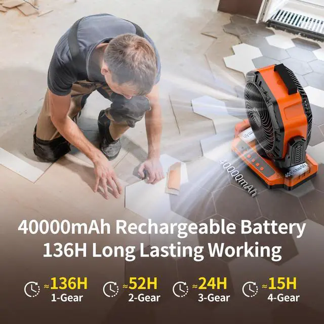 Alt view image 3 of 7 - Socool 40000mAh Camping Fan Rechargeable, Battery Operated Portable Outdoor Fan Remote, 136Hrs & 4-Speed Cordless Oscillating, Table Fan with Light & Timer for Tent RV Jobsite Hurricane Power Outage