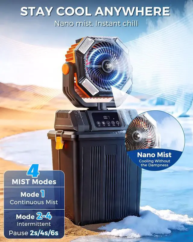 Alt view image 2 of 7 - 40000mAh Misting Fans for Outside, 15L Large Tank Portable Misting Fan, Battery Powered Outdoor Mister Fan with Remote & LED Light, Wide 270° Coverage for Camping Patio Backyard
