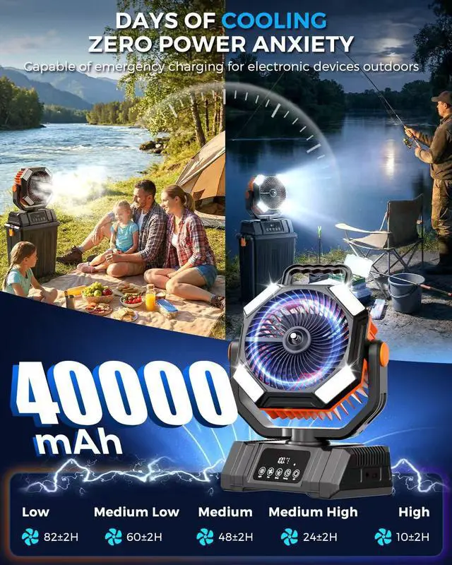 Alt view image 4 of 7 - 40000mAh Misting Fans for Outside, 15L Large Tank Portable Misting Fan, Battery Powered Outdoor Mister Fan with Remote & LED Light, Wide 270° Coverage for Camping Patio Backyard