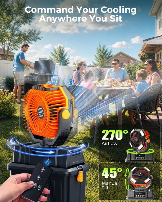 Alt view image 5 of 7 - 40000mAh Misting Fans for Outside, 15L Large Tank Portable Misting Fan, Battery Powered Outdoor Mister Fan with Remote & LED Light, Wide 270° Coverage for Camping Patio Backyard
