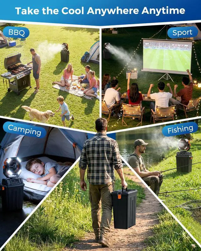 Alt view image 7 of 7 - 40000mAh Misting Fans for Outside, 15L Large Tank Portable Misting Fan, Battery Powered Outdoor Mister Fan with Remote & LED Light, Wide 270° Coverage for Camping Patio Backyard