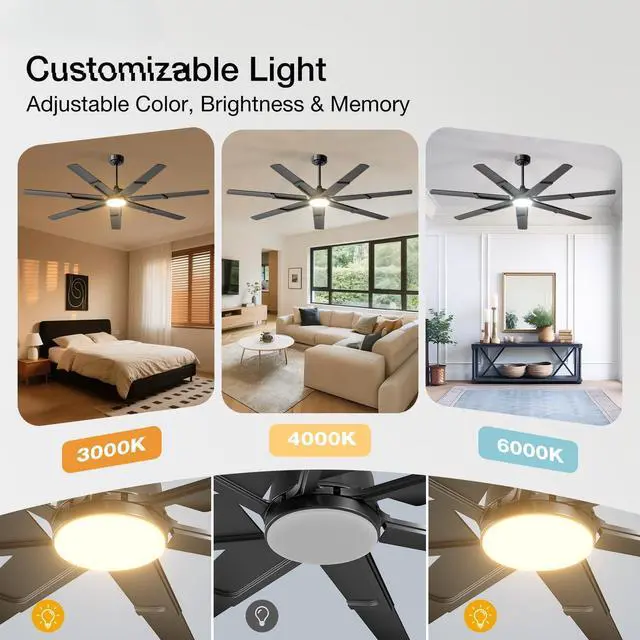 Alt view image 7 of 7 - 66 Inch Ceiling Fans with Lights and Remote, Black
